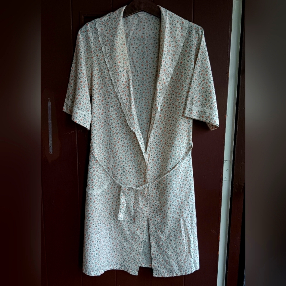Vintage Gragero womens robe sz L floral lightweight midi cotton lace cottagecore